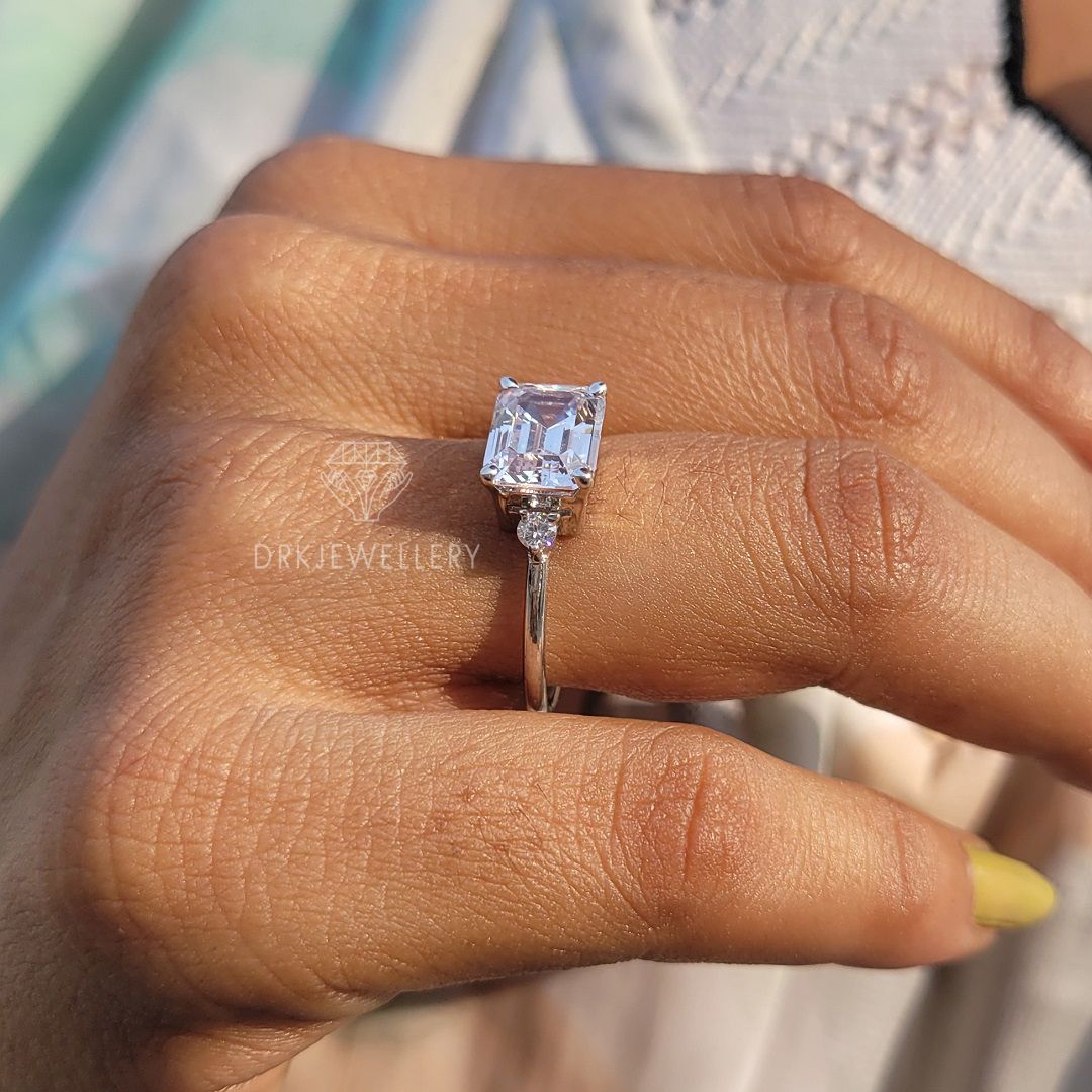 east west emerald cut lab grown diamond ring-emerald  cut ring-modern east west setting-three stone style ring-white gold ring-solitaire ring-moissanite ring-diamond ring