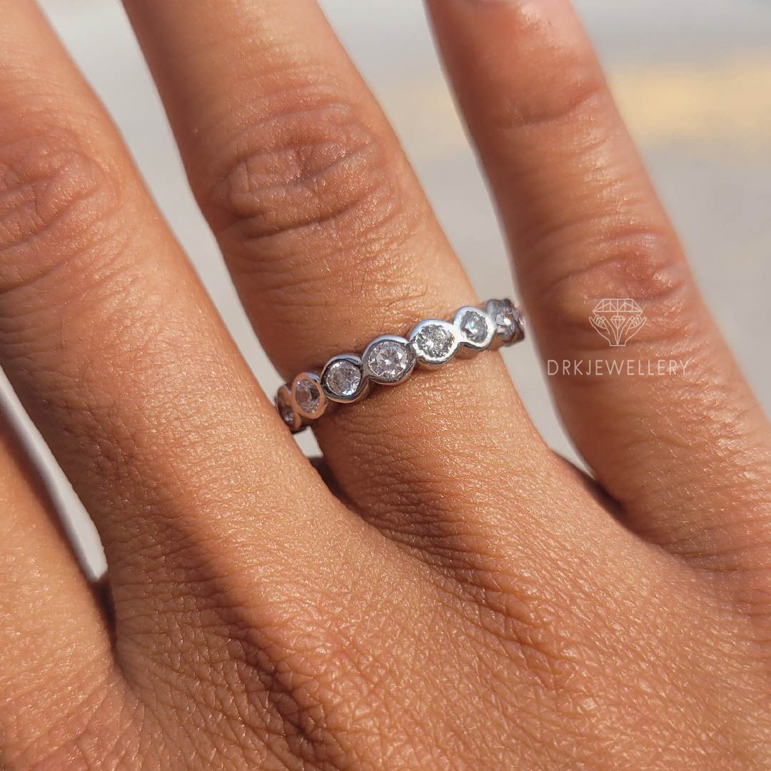 round cut ring-bezel set ring-eternity band-white gold band-wedding band-bands in gold