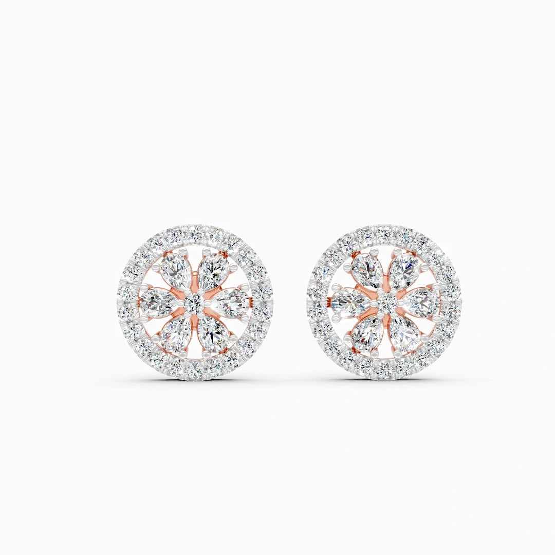pear cut lab grown diamond halo ear studs in 14k white gold