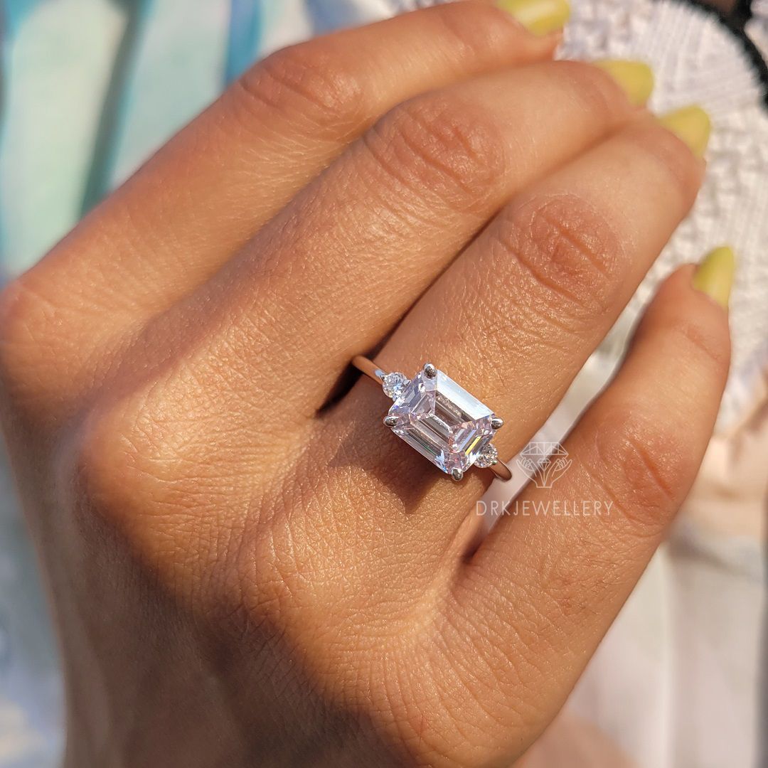 east west emerald cut lab grown diamond ring-emerald  cut ring-modern east west setting-three stone style ring-white gold ring-solitaire ring-moissanite ring-diamond ring
