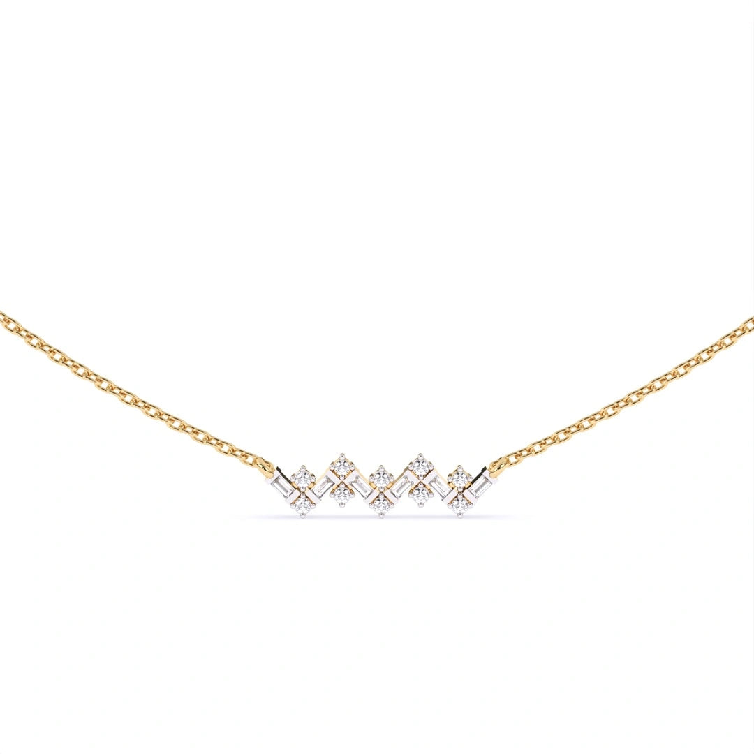 zigzag style rounf and bahuette cut lab grown diamond pendant wit 14k yellow gold chain