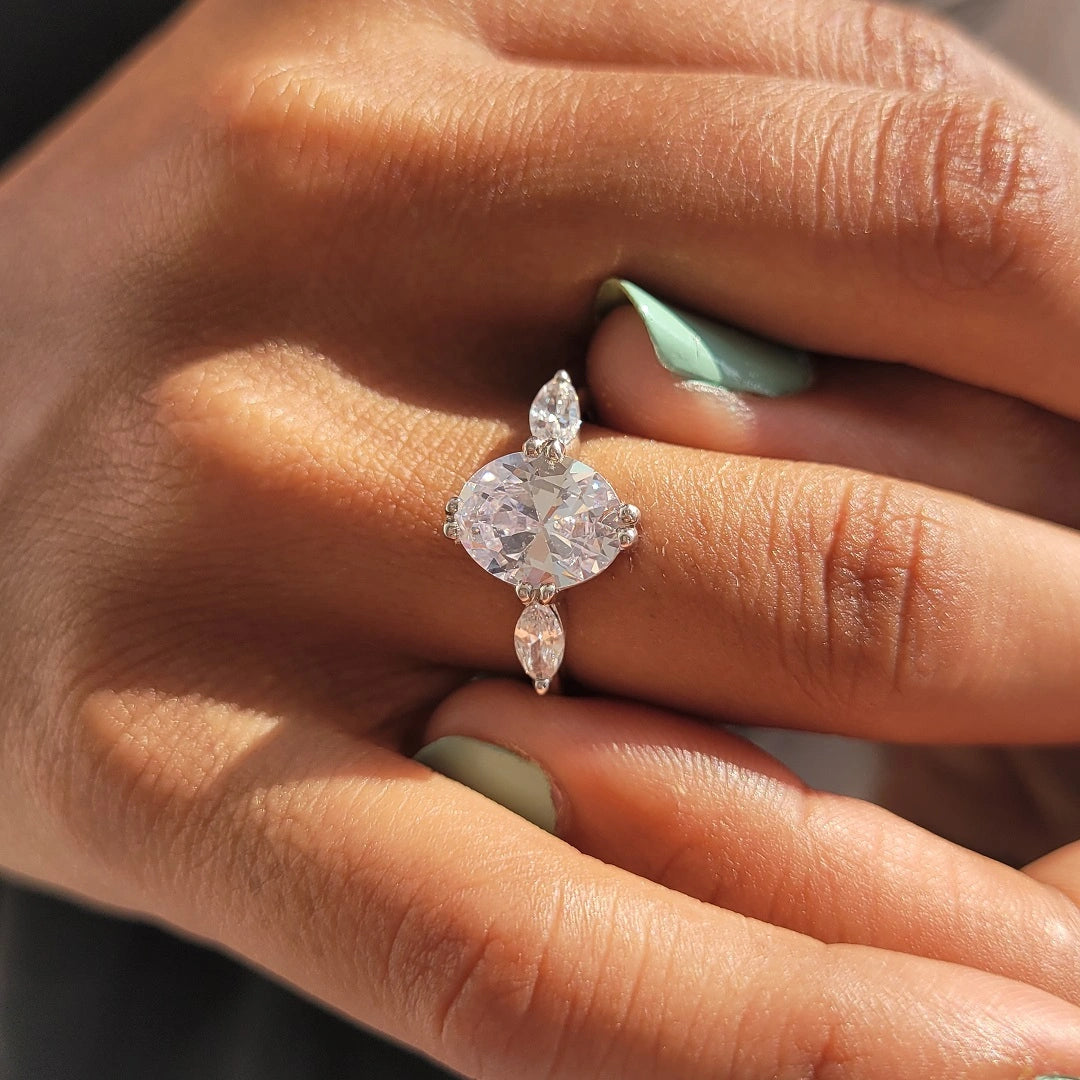 Three Stone Oval cut Moissanite 14K Gold Ring
