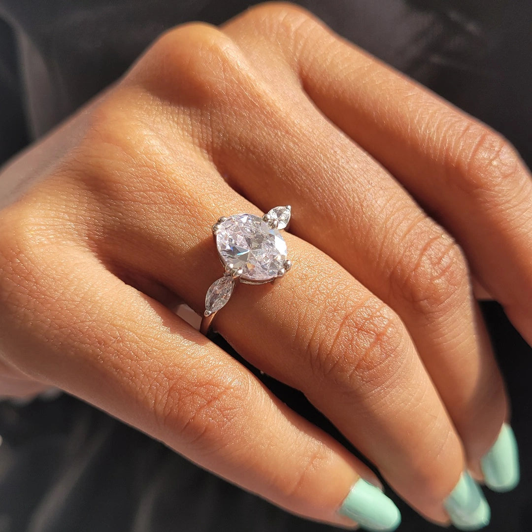 Three Stone Oval cut Moissanite 14K Gold Ring