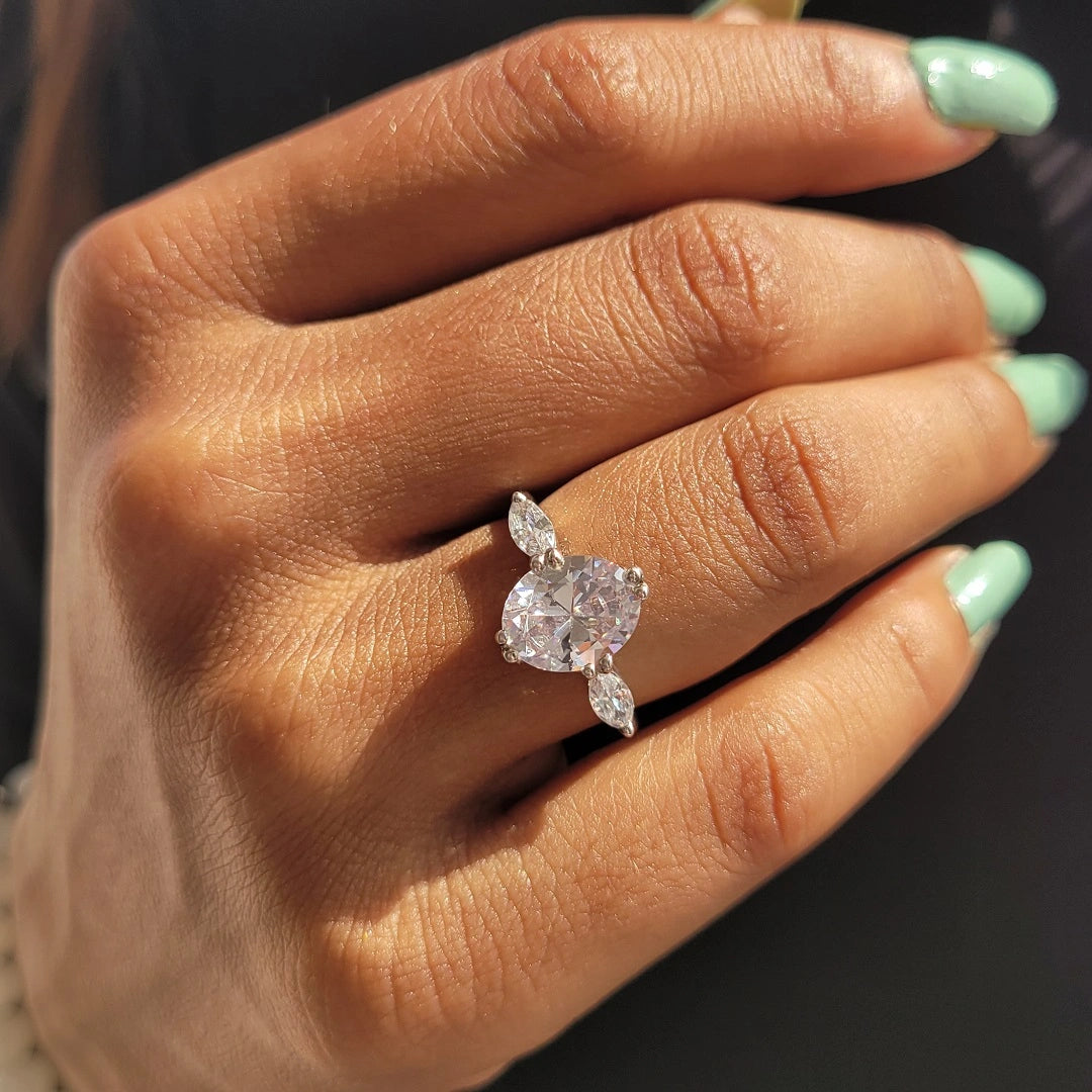 Three Stone Oval cut Moissanite 14K Gold Ring