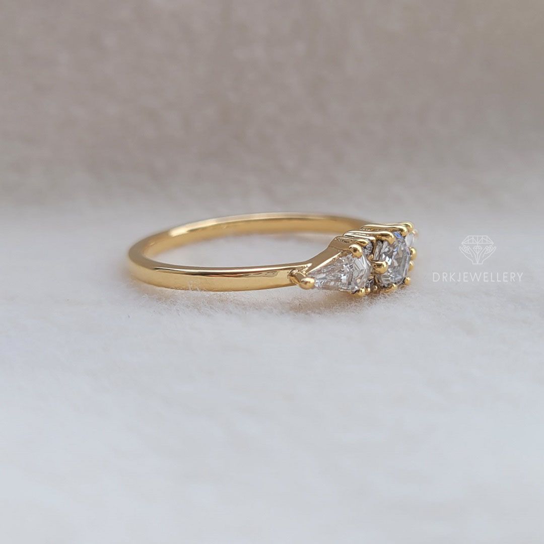 hexagon and kite cut lab grown diamond three stone Solitaire 14k Gold Yellow gold engagement ring