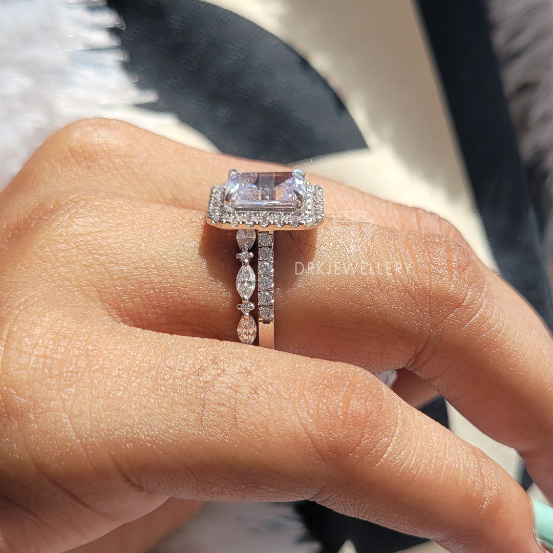 Emerald Cut Moissanite Halo RIng With Pave Set Eternity Band
