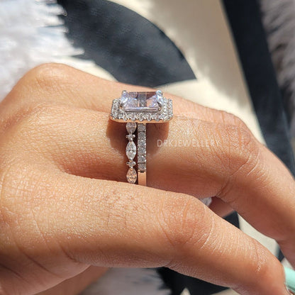 Emerald Cut Moissanite Halo RIng With Pave Set Eternity Band