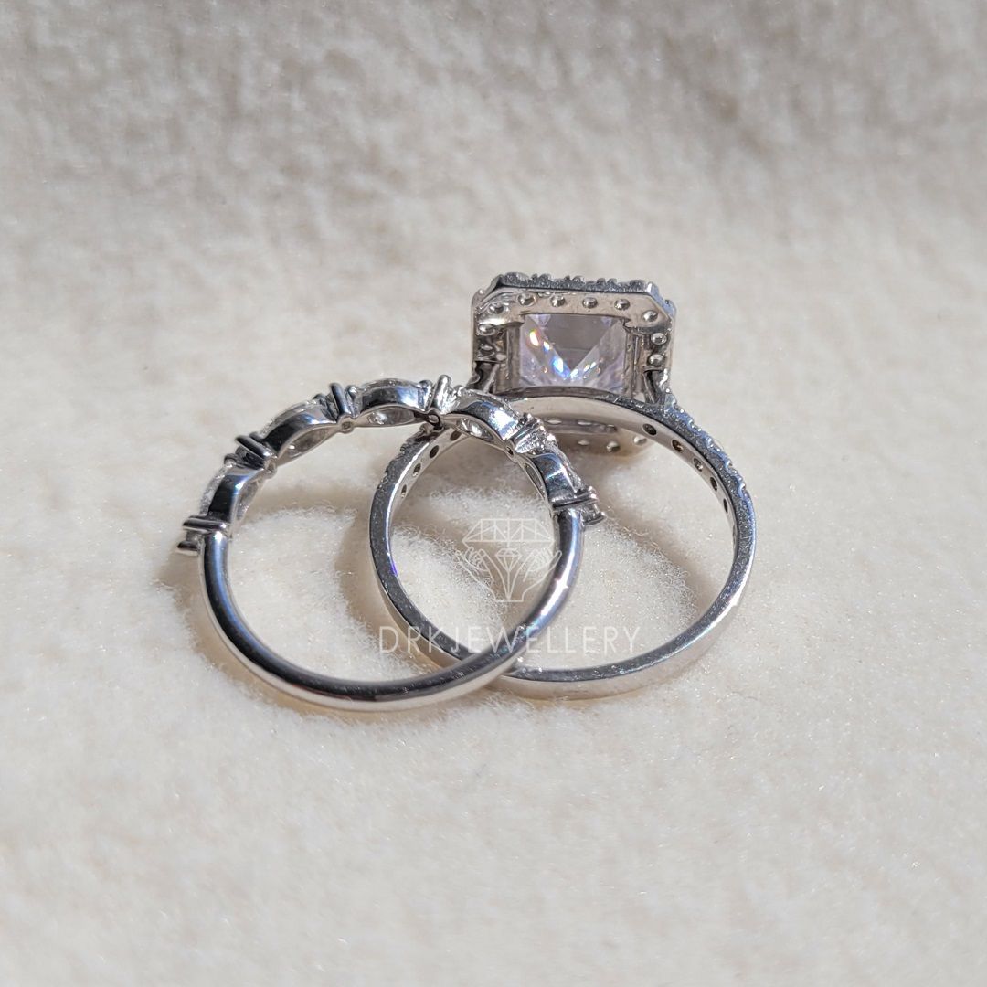 Emerald Cut Moissanite Halo RIng With Pave Set Eternity Band