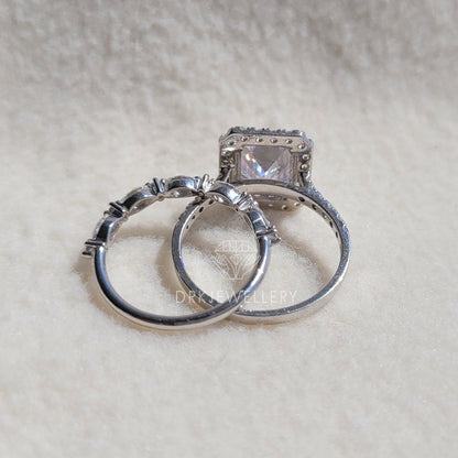 Emerald Cut Moissanite Halo RIng With Pave Set Eternity Band