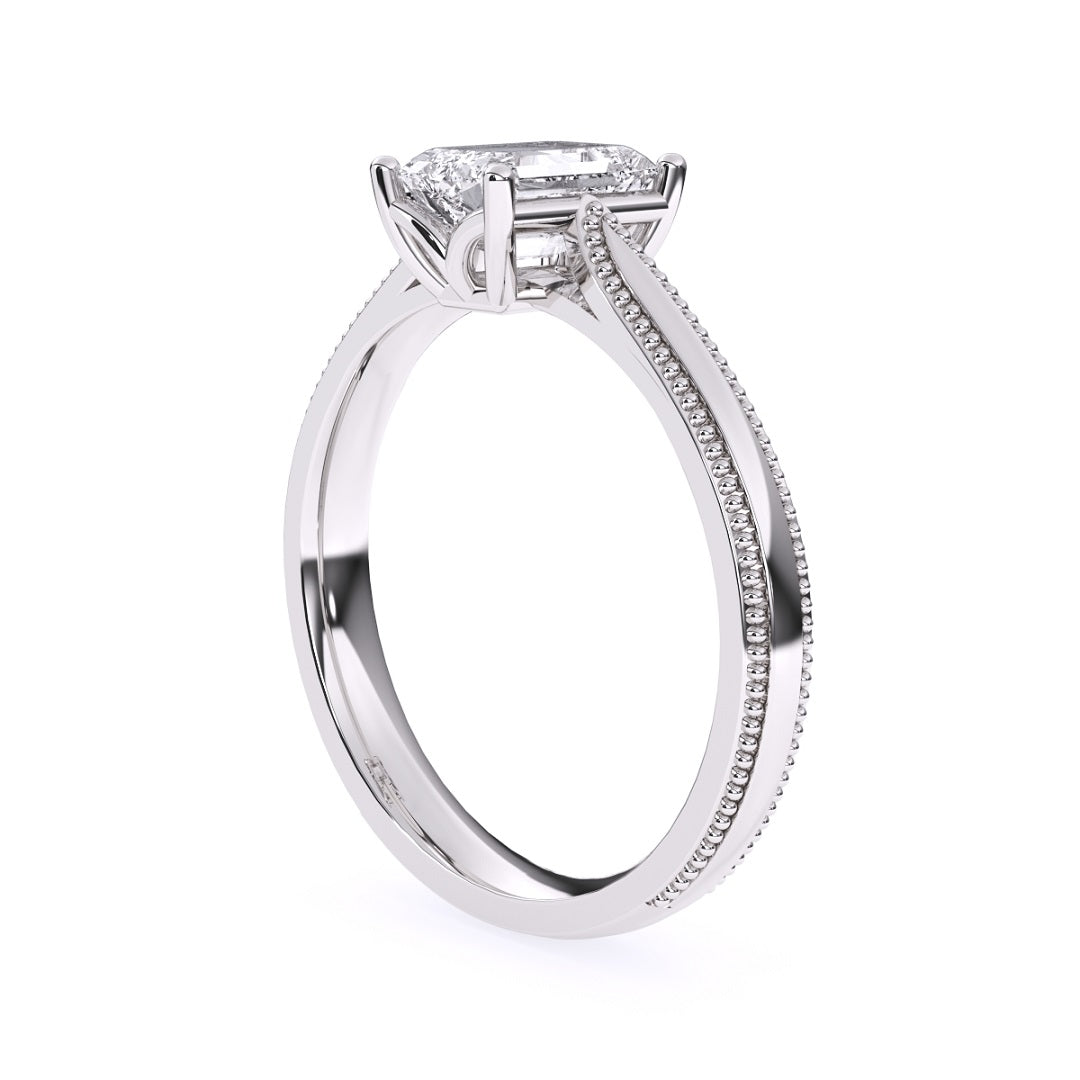 emerald cut ring, milgrain setting ring, pinched band style ring, white gold ring, moissanite ring, lab grown diamond ring, gold diamond ring