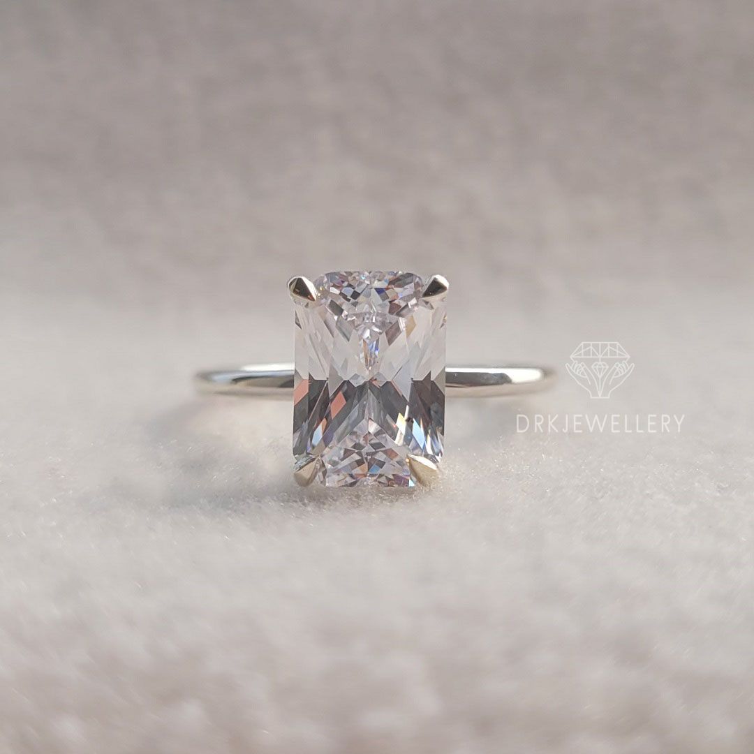 elongated radiant cut ring,moissanite ring,lab diamond ring,lab grown diamond ring,rings,gifts,gift ideas,solitaire ring,statement ring,promise ring,propose ring,white gold ring