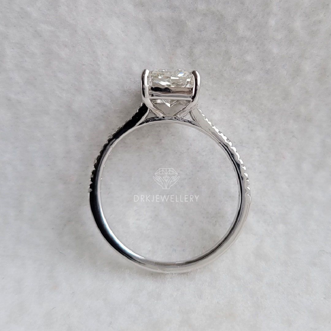 crystle radiant cut ring, moissanite ring,lab grown diamond ring,split shank style ring, pave set ring,white gold ring