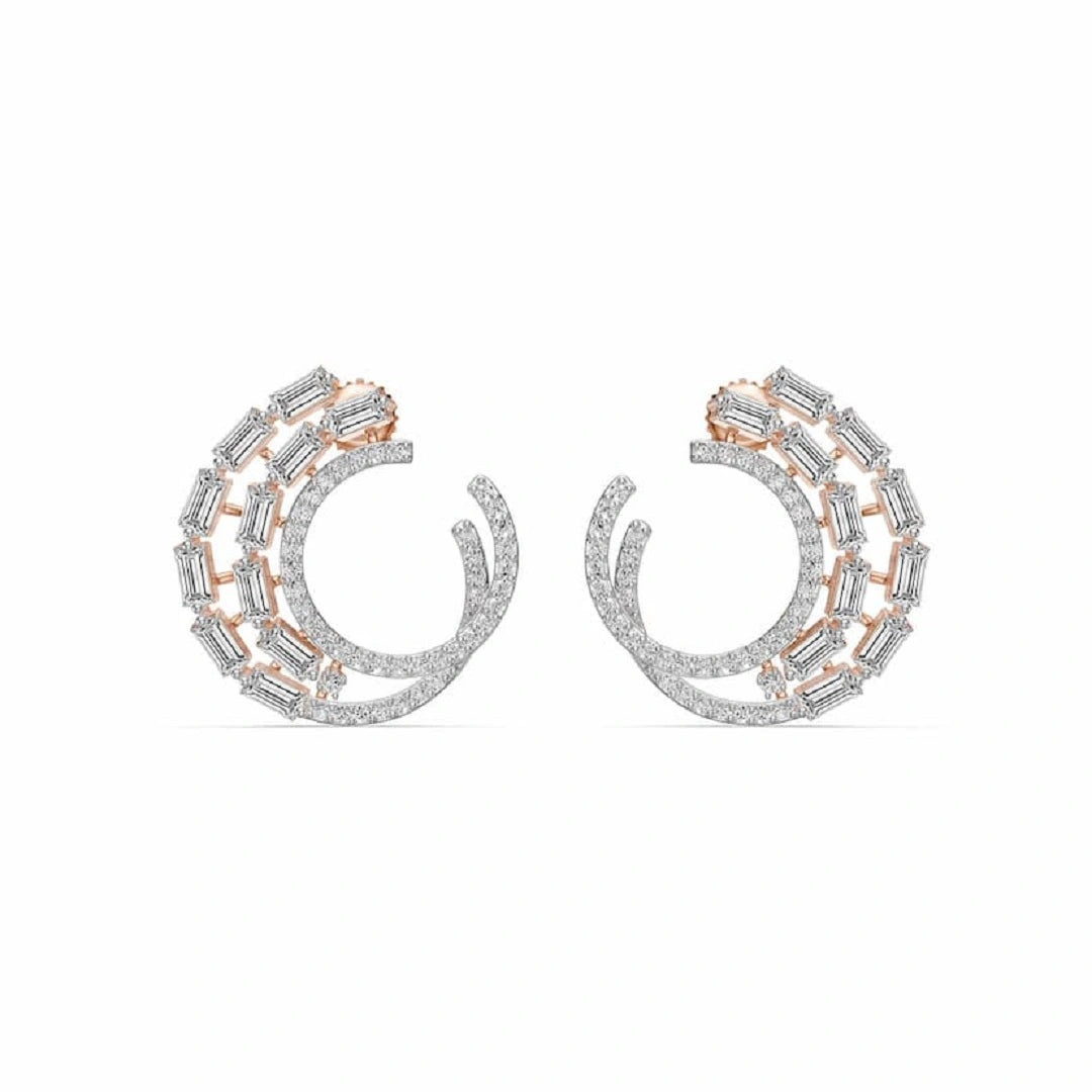 Swirl Baguette & Round Cut Moissanite Ear Studs