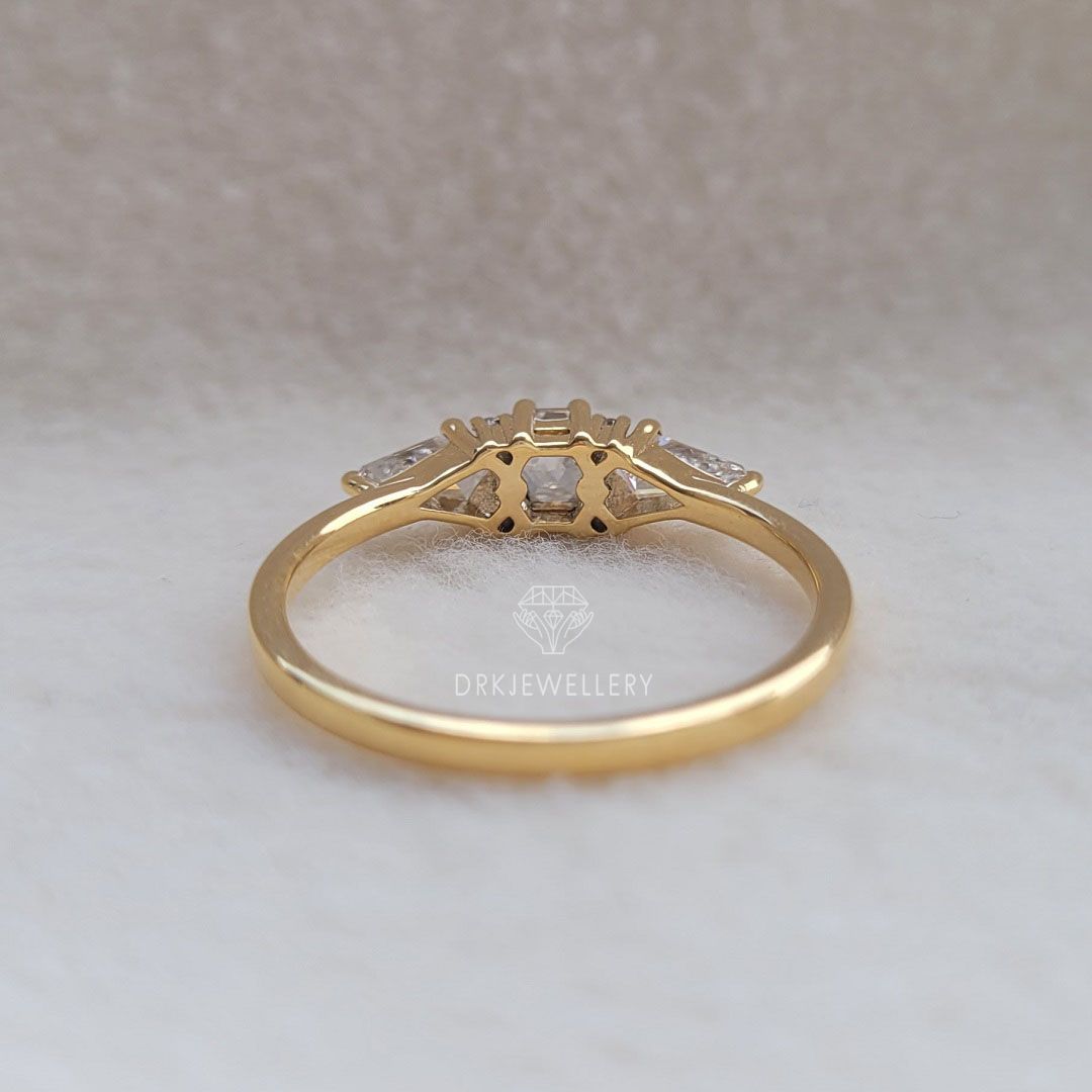 hexagon and kite cut lab grown diamond three stone Solitaire 14k Gold Yellow gold engagement ring