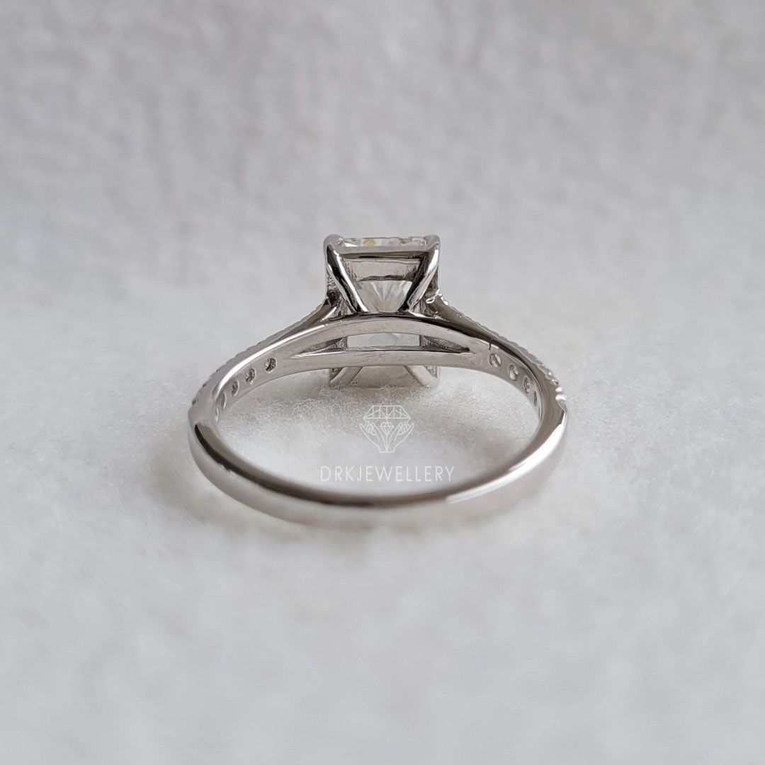 crystle radiant cut ring, moissanite ring,lab grown diamond ring,split shank style ring, pave set ring,white gold ring