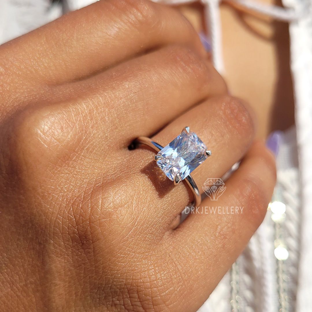 elongated radiant cut ring,moissanite ring,lab diamond ring,lab grown diamond ring,rings,gifts,gift ideas,solitaire ring,statement ring,promise ring,propose ring,white gold ring