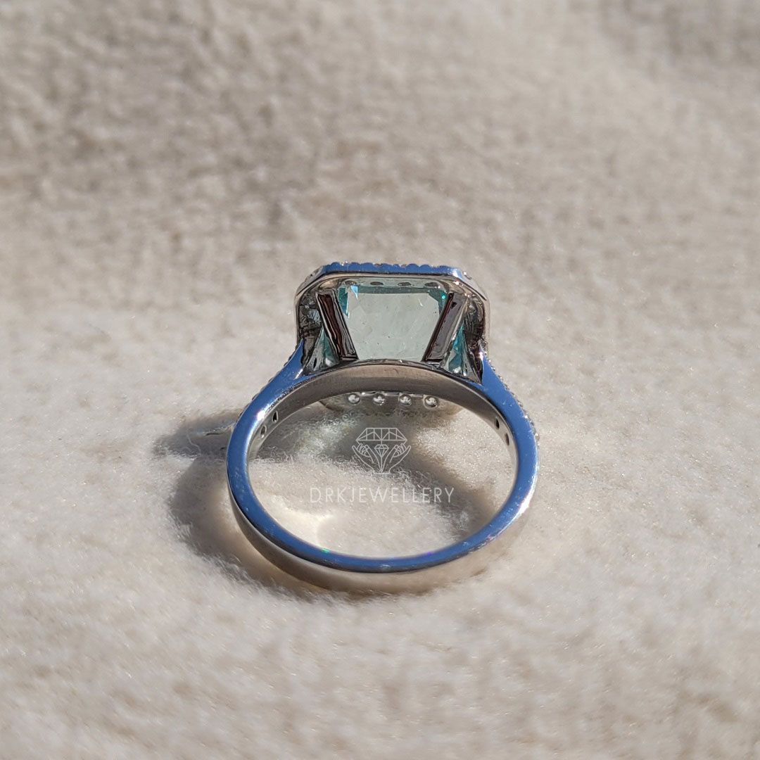 square emerald cut ring, aquamarine ring, pave set ring, halo ring, white gold  ring, baguette diamond ring, personalised gifts