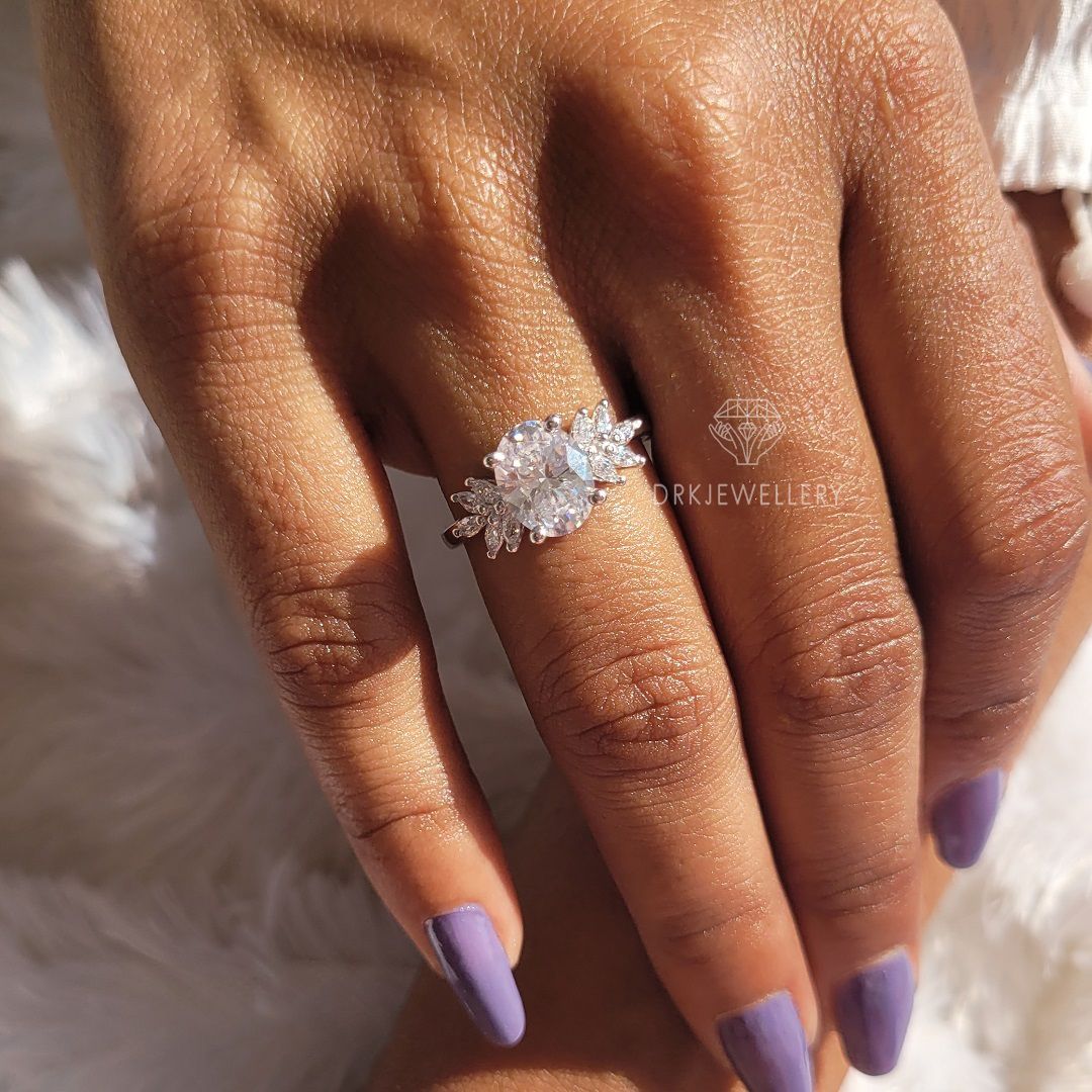 Oval cut ring-cluster ring-diamond ring-hard prong set ring-gifts for her-white gold ring-marquise cut ring-gifts for her-anniversary gifts-wedding ring