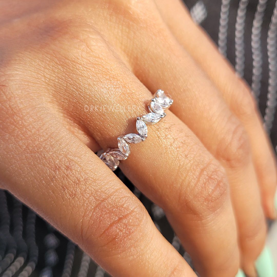 zigzag wedding band-marquise cut ring-marquise cut wedding band-half eternity band-white gold band-14k solid gold-leaf style wedding band-gift ideas