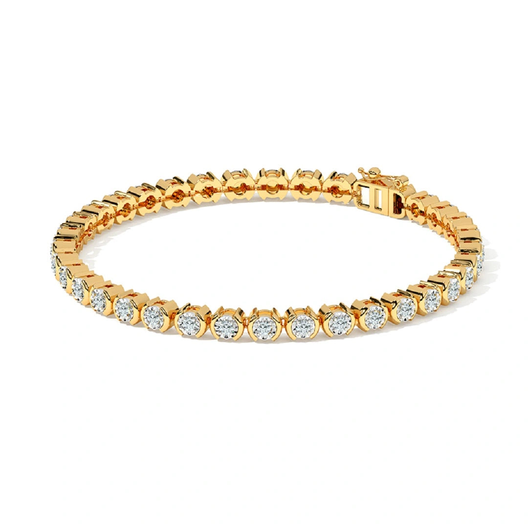 half bezel set diamond bracelet, round cut lab grown diamond bracelet, gold bracelet, chain bracelet, clip closure bracelet, milgrain set bracelet