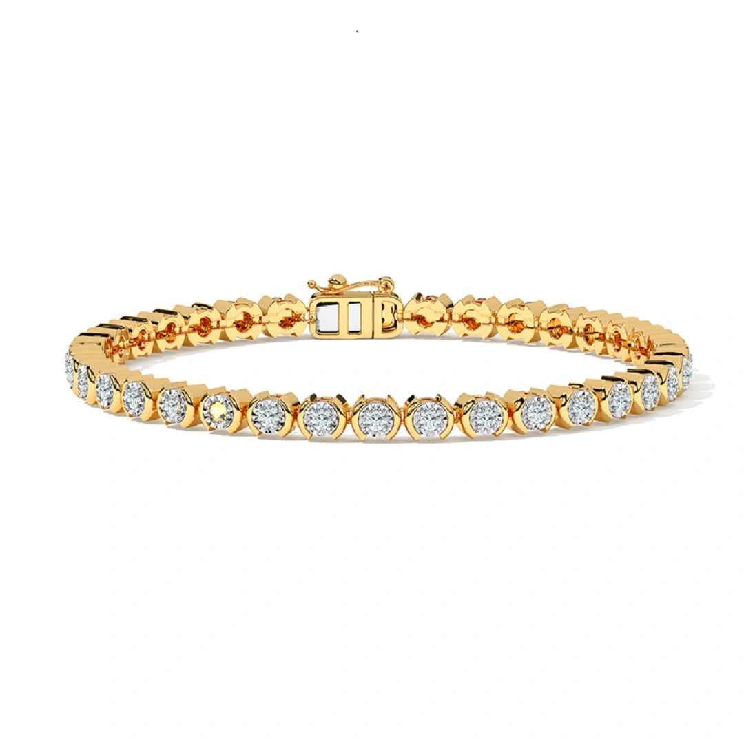 half bezel set diamond bracelet, round cut lab grown diamond bracelet, gold bracelet, chain bracelet, clip closure bracelet, milgrain set bracelet