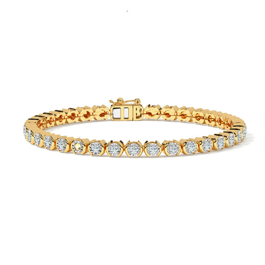 half bezel set diamond bracelet, round cut lab grown diamond bracelet, gold bracelet, chain bracelet, clip closure bracelet, milgrain set bracelet