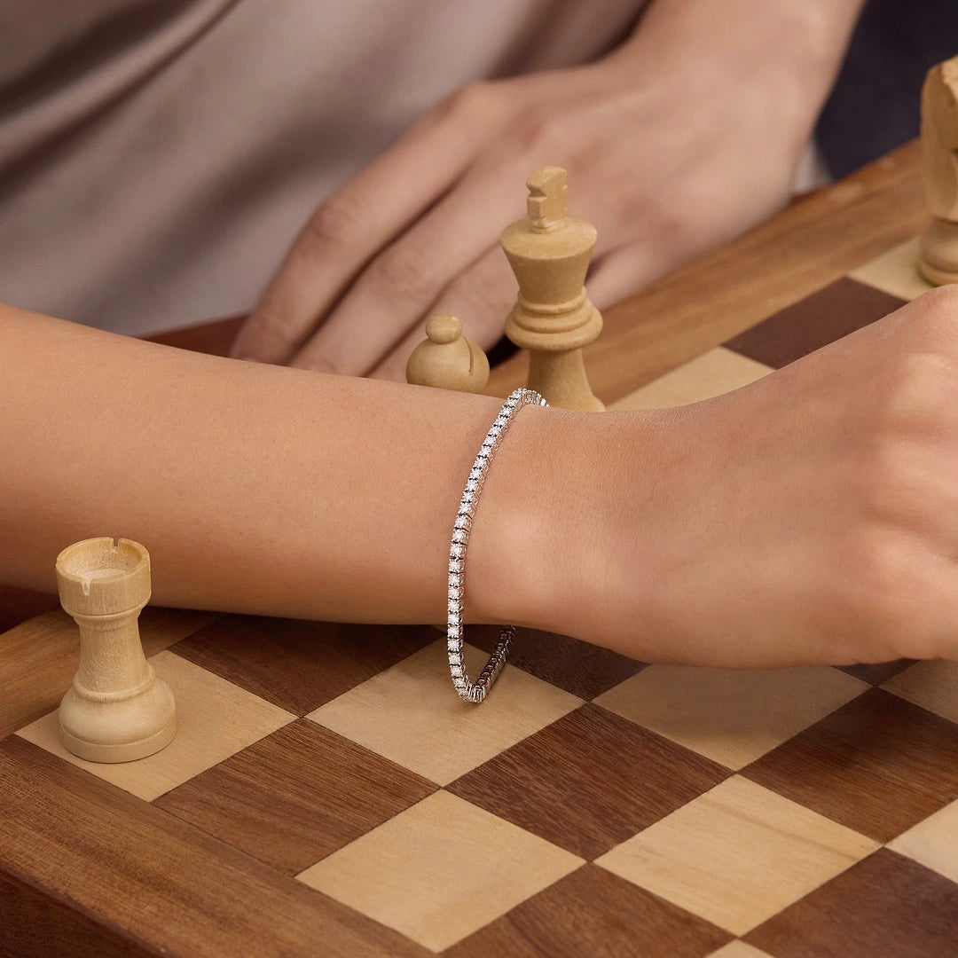 round cut lab grown diamond tennis bracelet for women with 14k white gold for special movement.