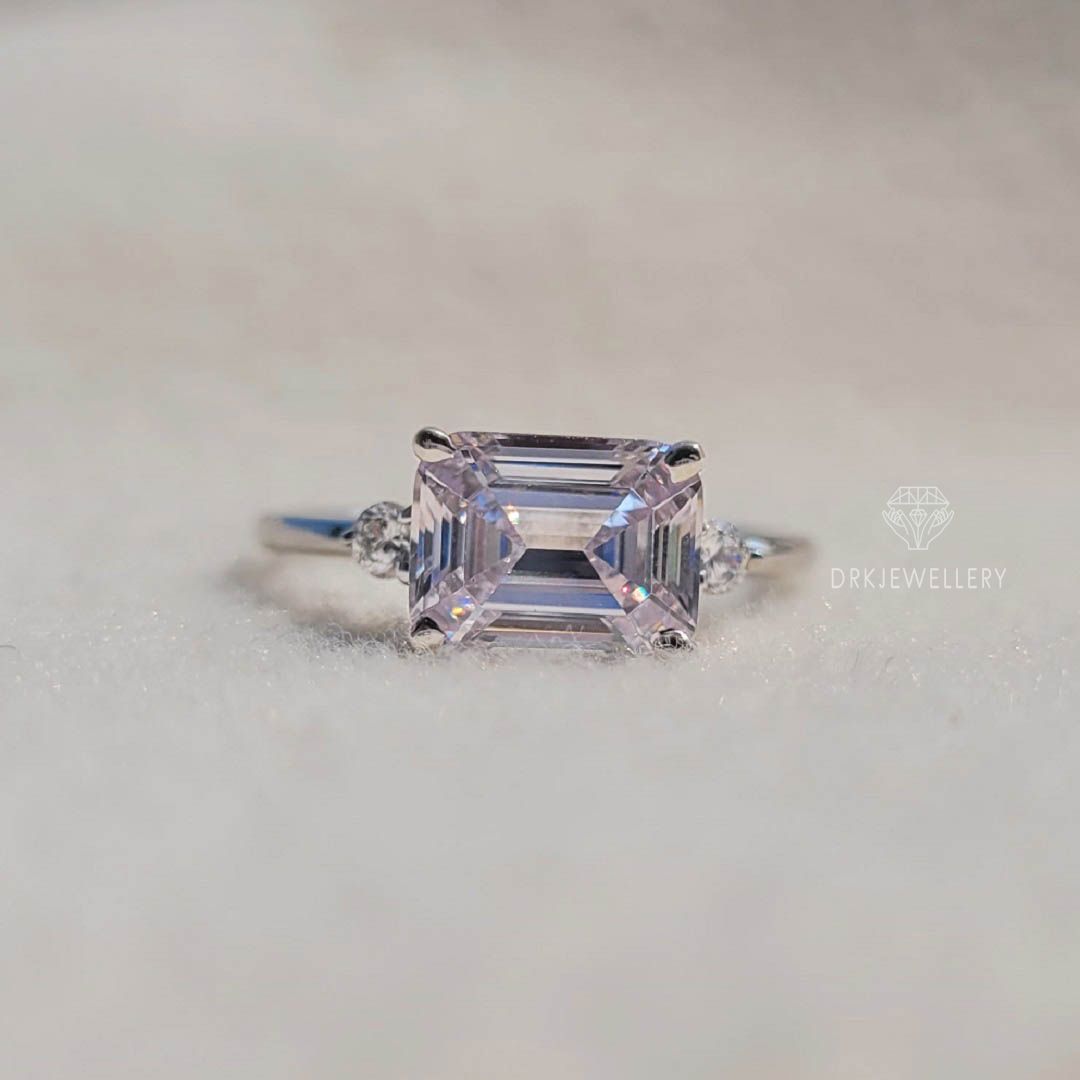 east west emerald cut lab grown diamond ring-emerald  cut ring-modern east west setting-three stone style ring-white gold ring-solitaire ring-moissanite ring-diamond ring