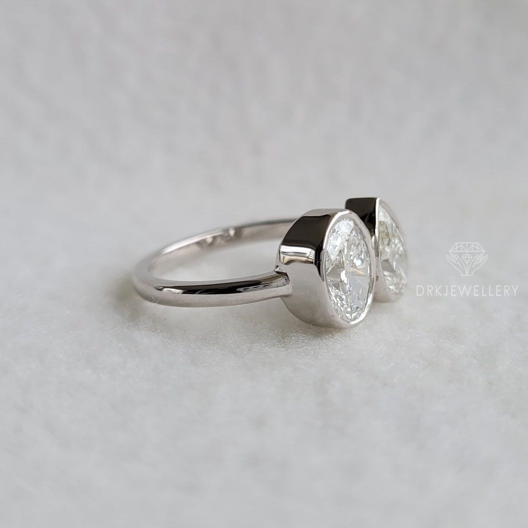oval & pear cut ring, bezel set ring, two stone ring,twin diamond ring,white gold ring,twin diamond ring