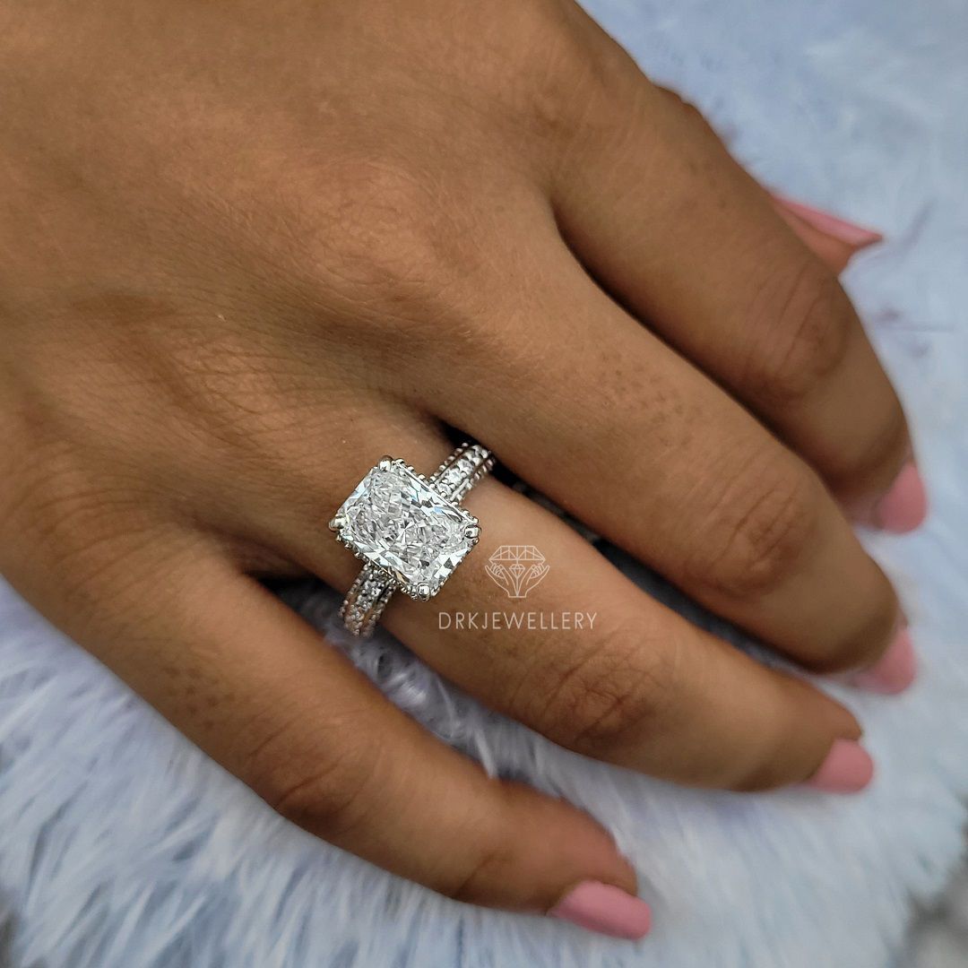 radiant cut  ring, cluter ring,pave set ring,white gold ring,hidden halo ring,claw pong set ring,white gold ring,eternity ring