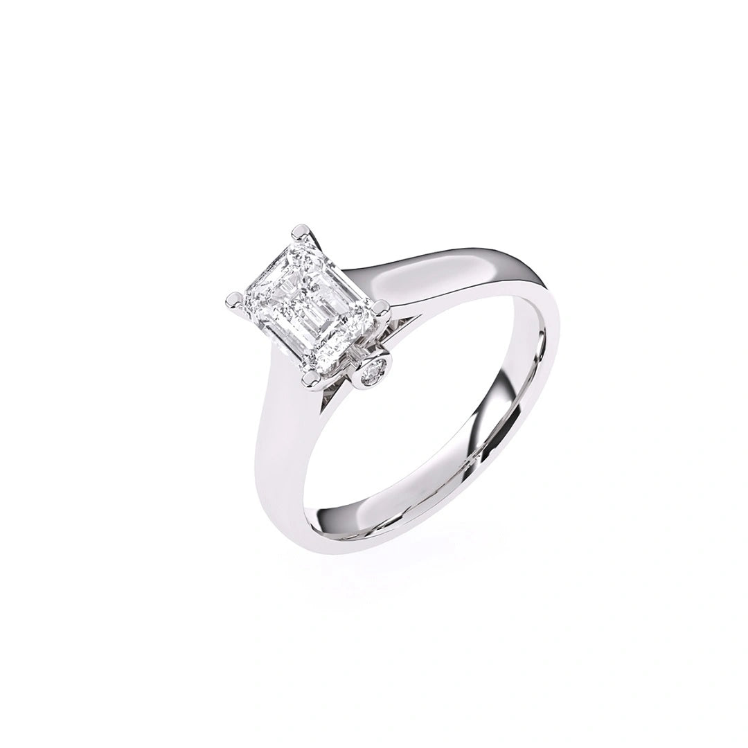 emerald cut and hidden beze set round cut moissanite ring, cathedral shank syle ring