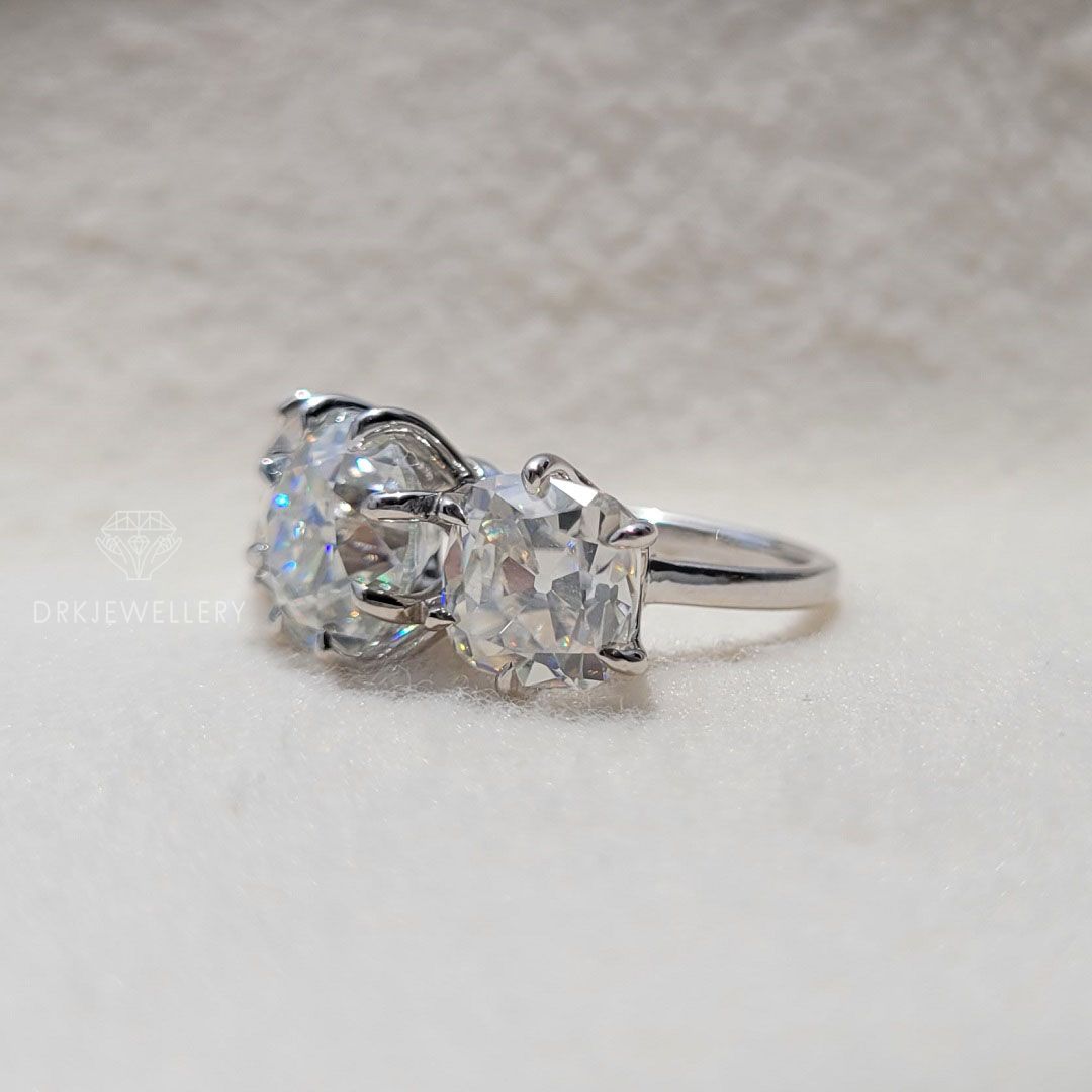 old european cut,three stone style ring,clove prong set ring,white gold ring