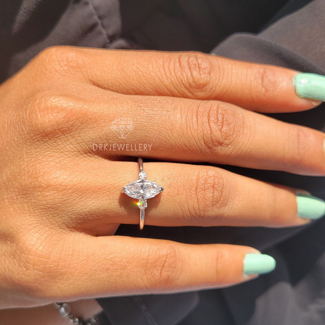 Marquise Cut lab grown diamond three stone style 14k white gold engagement ring