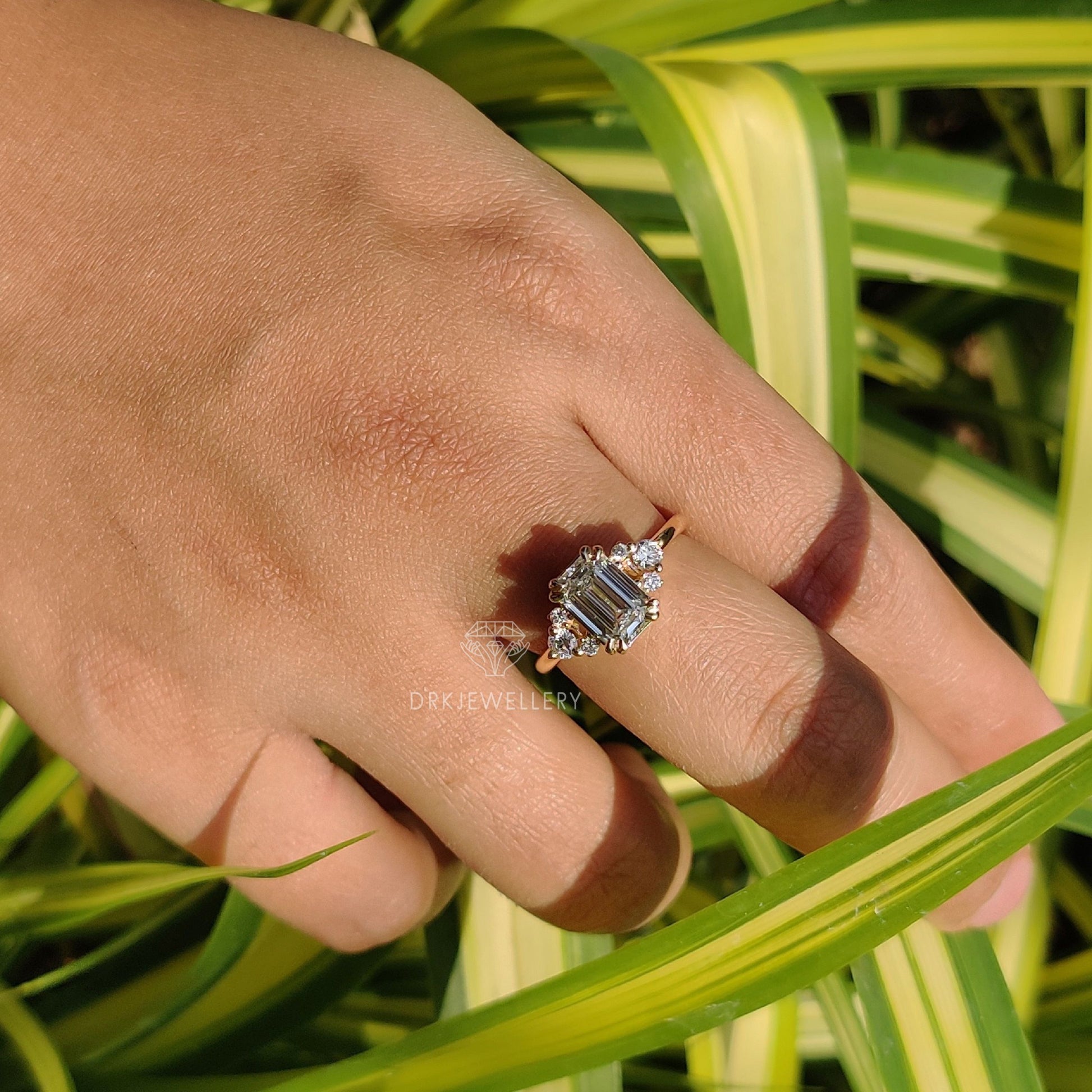 emerald cut ring, lab grown diamond ring, cluster ring, yellow gold ring, solitaire ring, gifts for her