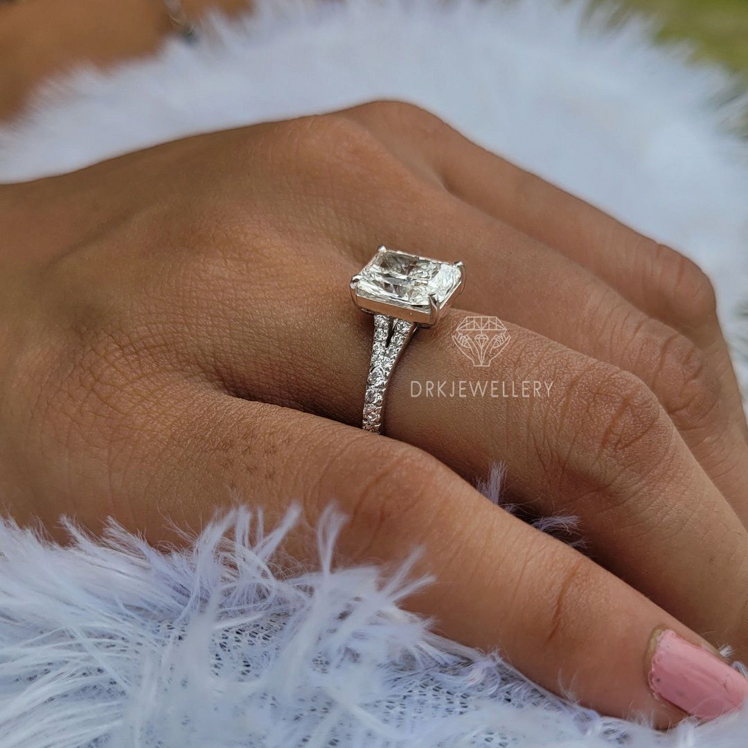 crystle radiant cut ring, moissanite ring,lab grown diamond ring,split shank style ring, pave set ring,white gold ring