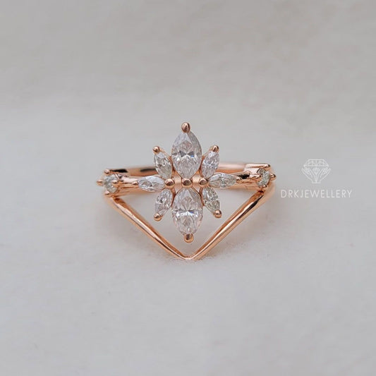 marquise cut ring-cluster ing set-rose gold ring with band-engagement ring with weddig band-gifts for her
