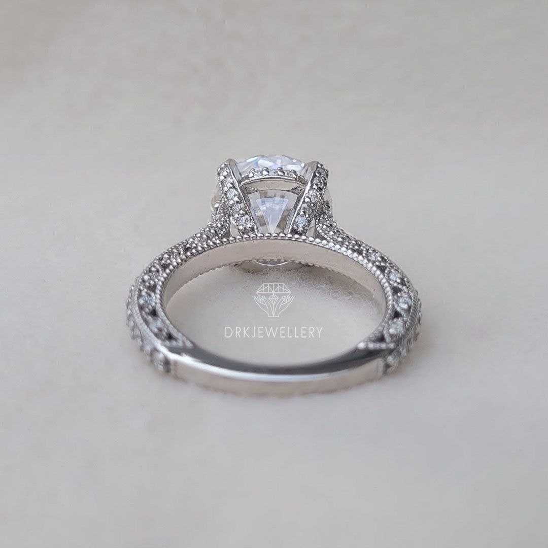 vintage ring-vintage inspired-milgrain setting ring-pave set ring-round cut ring-lab grown diamond ring-hidden halo style-prong pave set ring-bespoken ring